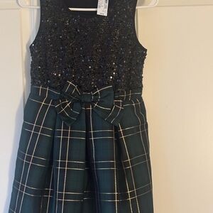 Place Black Sequin Top with Green Plaid Skirt Dress